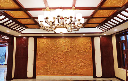 柳南中式别墅客厅中式木作横梁吊顶装饰展示
